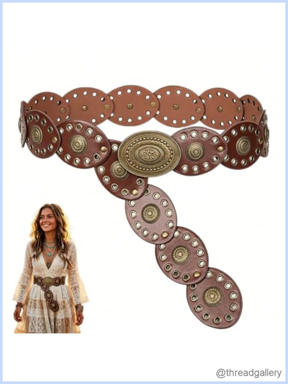Women's PU Leather Western Boho Belt 43.31in Wide Hollow Out Disc Waist Belt